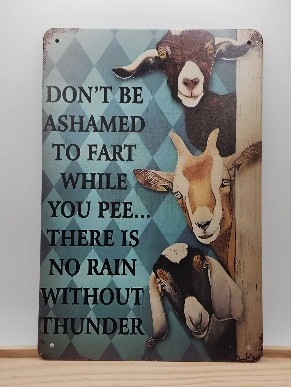 Humorous Goat Bathroom Metal Wall Sign No Rain Without Thunder 7.75